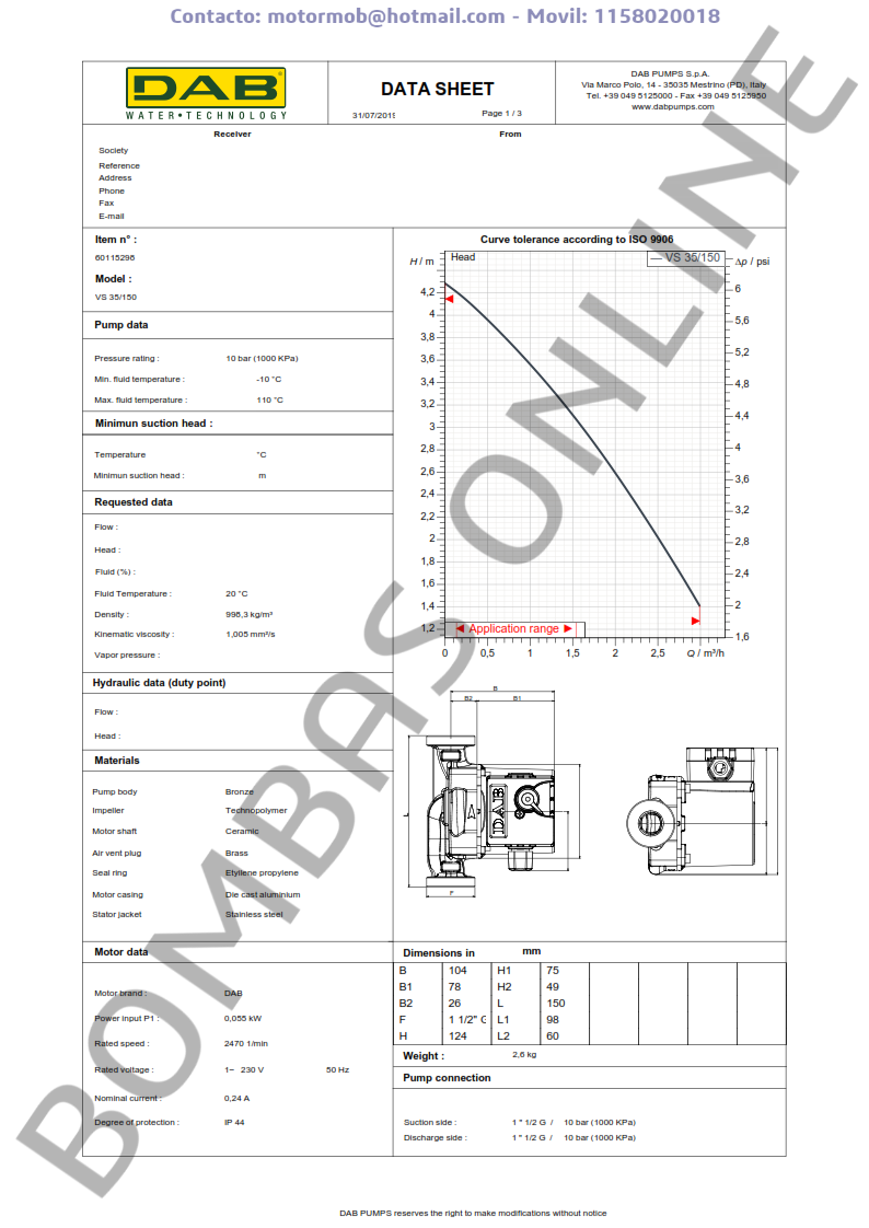 Bomba Circuladora DAB VS 35/150 – Monofasica – Precio