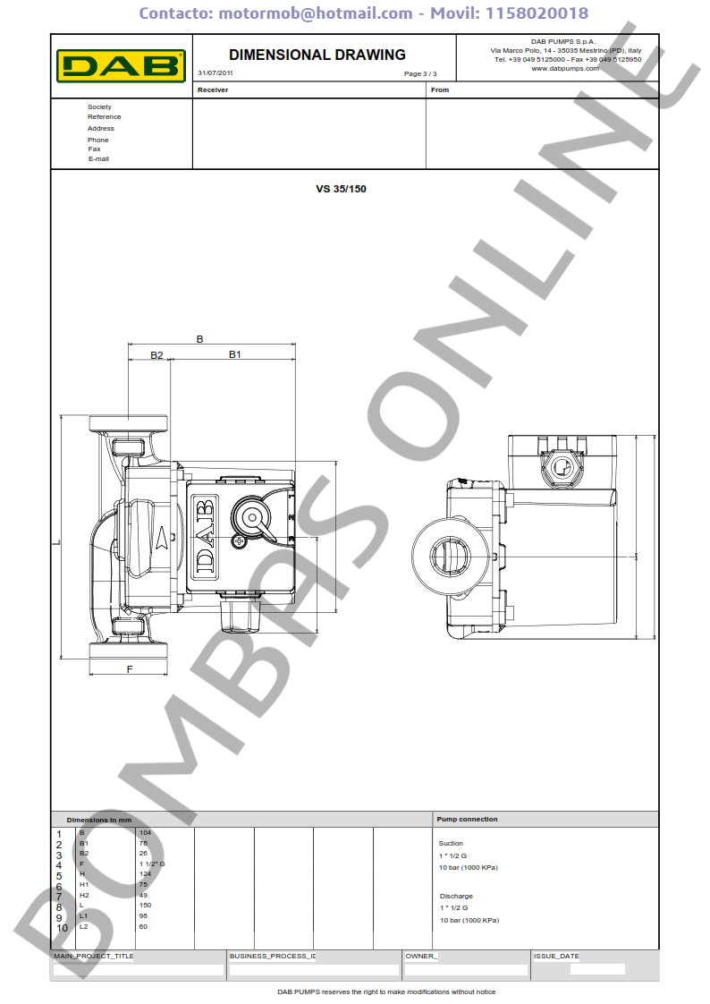 Bomba Circuladora DAB VS 35/150 – Monofasica – Precio