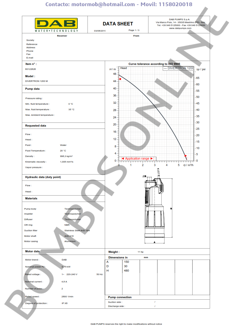 Bomba Sumergible DAB DIVERTRON 1200 M – Monofasica – Precio
