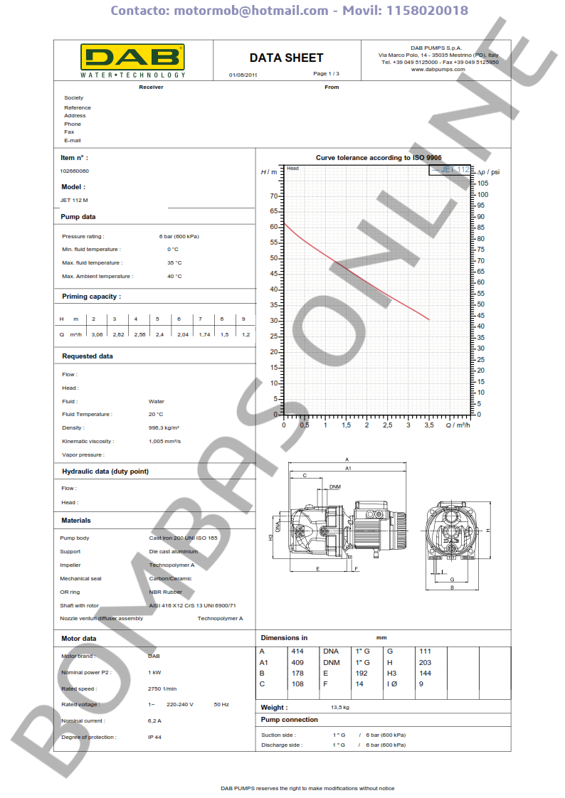 Bomba Autocebante DAB JET 112 M – Monofasica – Precio