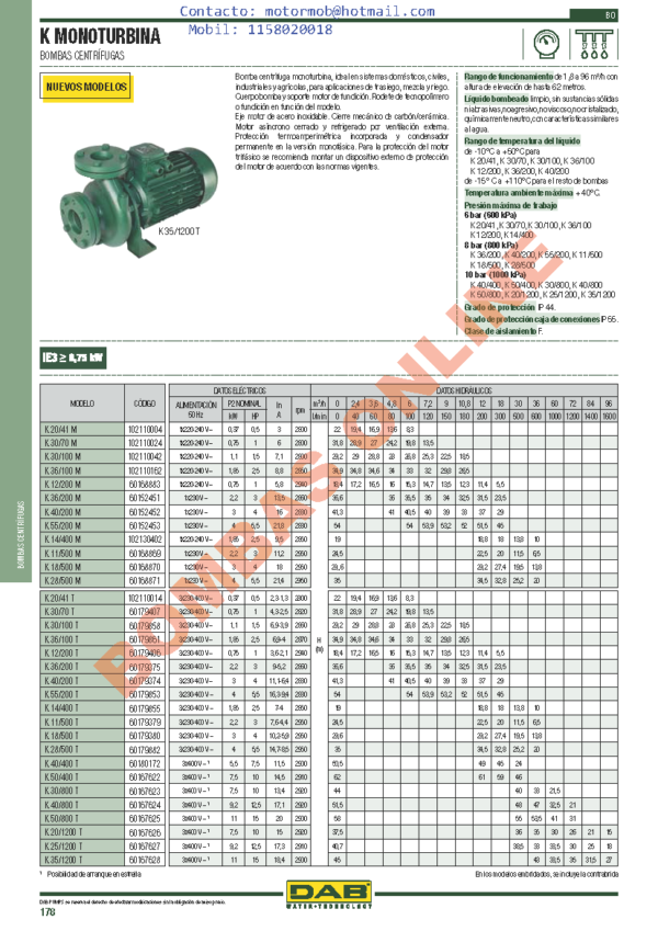 BOMBA DAB – Monoturbina – K 50/800 T – Trifásica –  IE3 – 15 HP – PRECIO