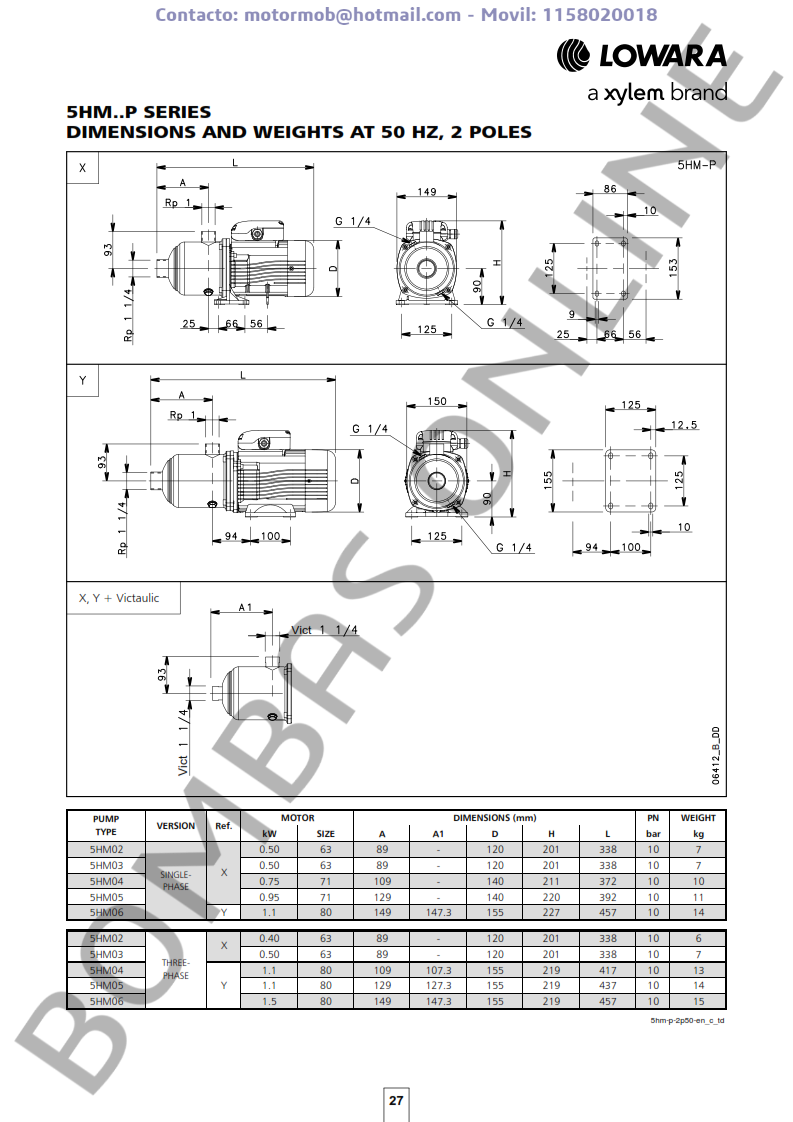 Bomba Multietapa LOWARA 5HM02P05M – Monofasica – 104600750 – Precio