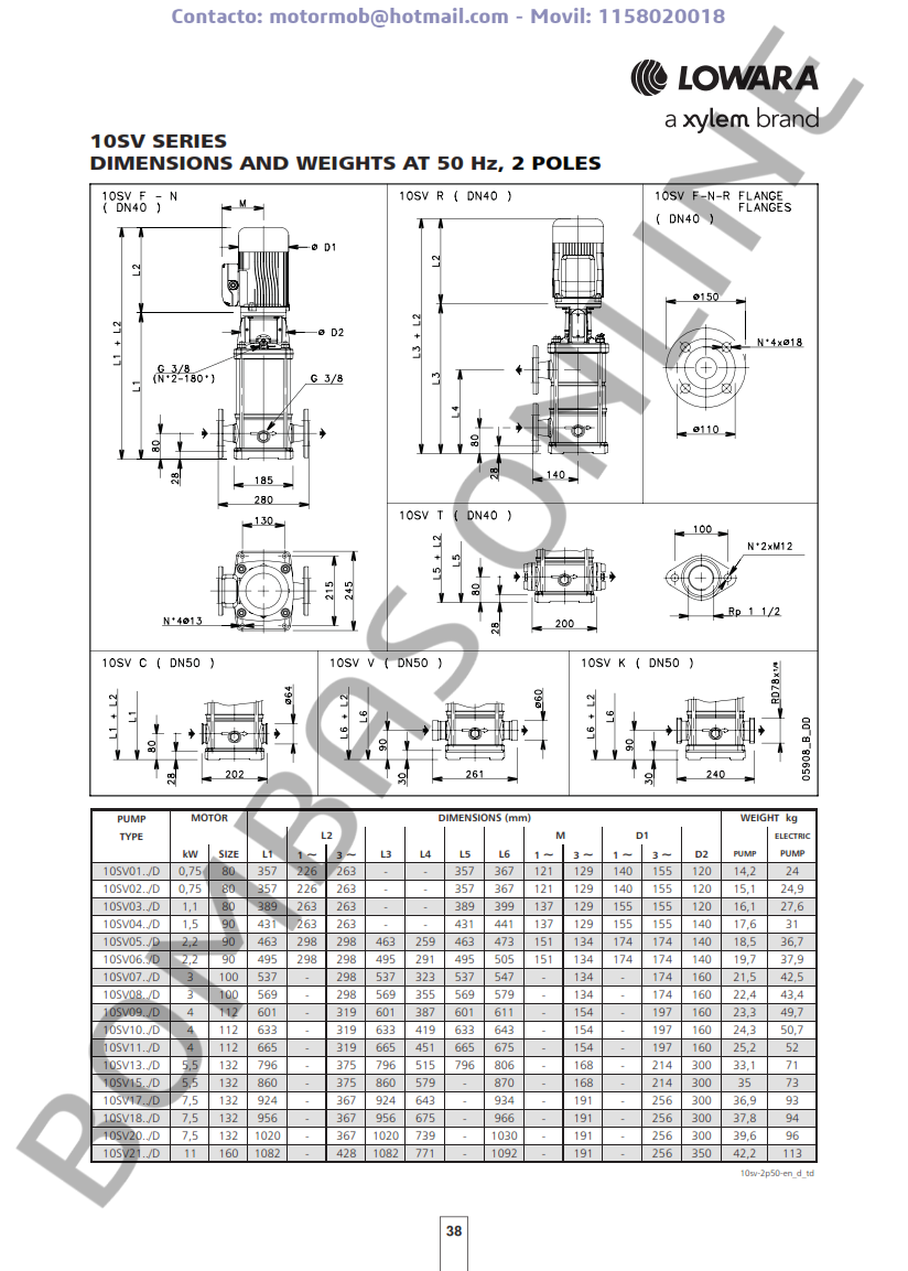 Bomba LOWARA SV F 10SV07F030T/D 3 KW – 1016LD211 – Trifasica – Precio