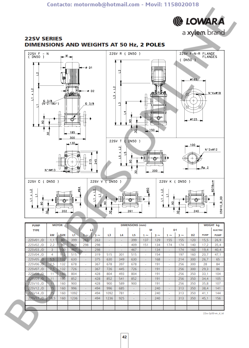 Bomba LOWARA SV F 22SV17F185T/D 18,5 KW – 1016LD771 – Trifasica – Precio