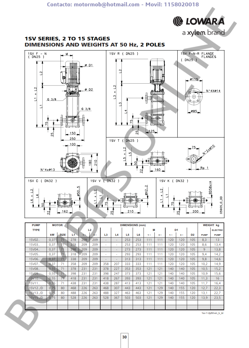 Bomba LOWARA SV N 1SV04N003T 0,37 KW – 1016L0034 – Trifasica – Precio