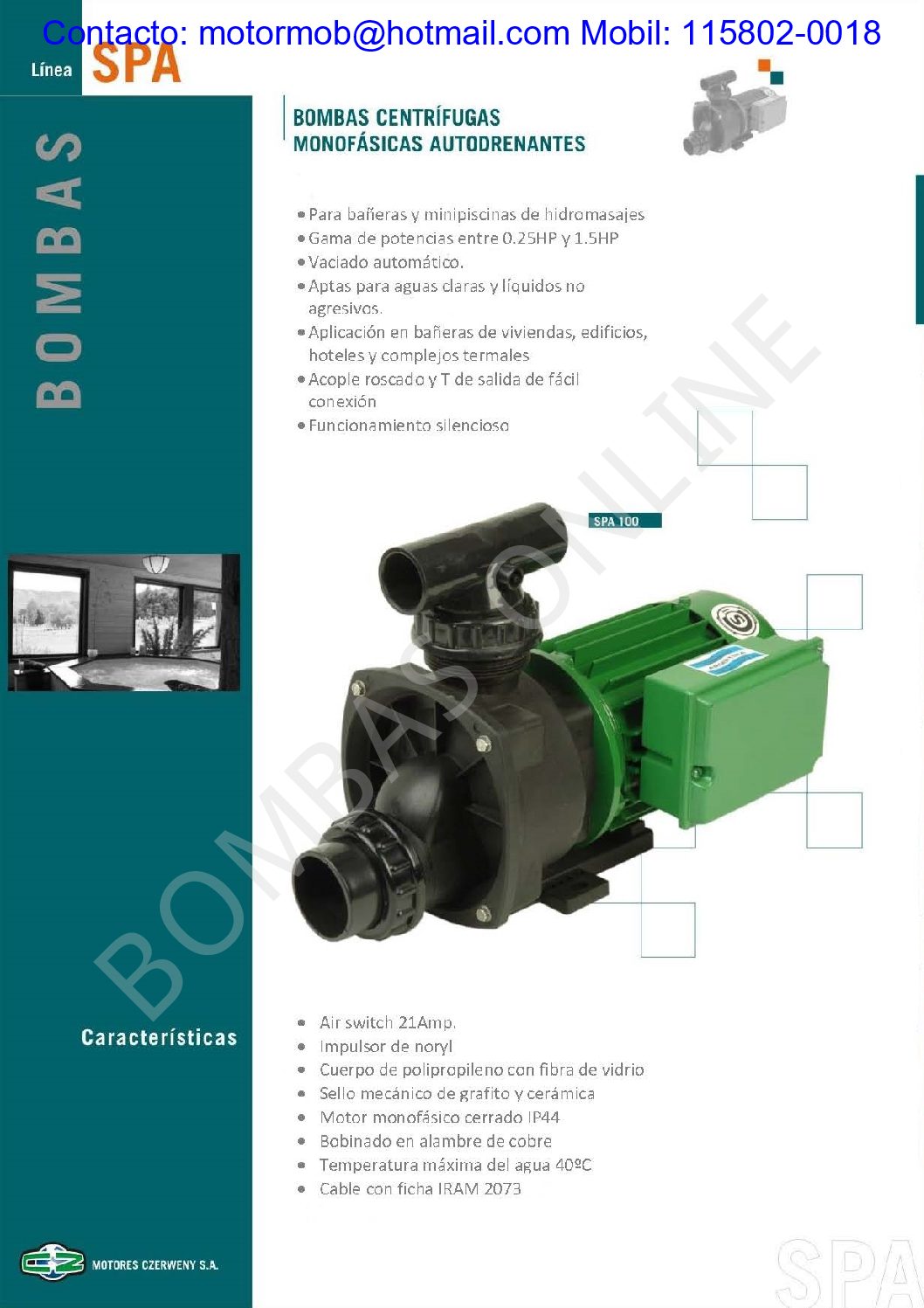 Bomba Centrífuga para Hidromasaje CZERWENY SPA-075 – 0.75 HP – Monofásica