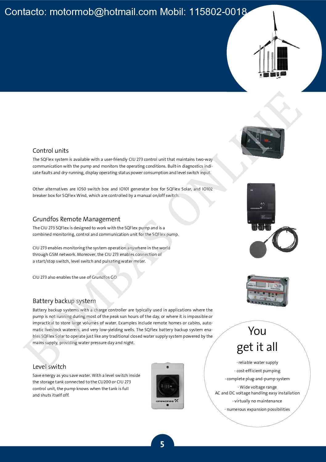 GRUNDFOS SQF 1.2-3 Rp 1 1/4 cpl. SUMERGIBLE ENERGIA EOLICA / SOLAR 380V 96834838 Helicoidal – PRECIO