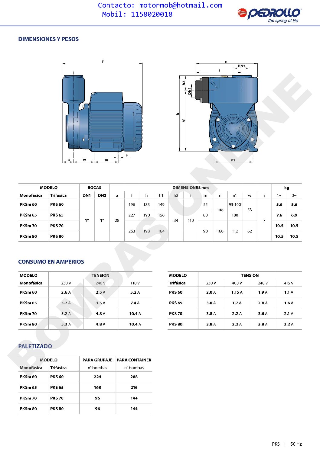 BOMBA PERIFERICA AUTOCEBANTE PEDROLLO PKSm 60 – 0.5 HP MONOFASICA – PRECIO