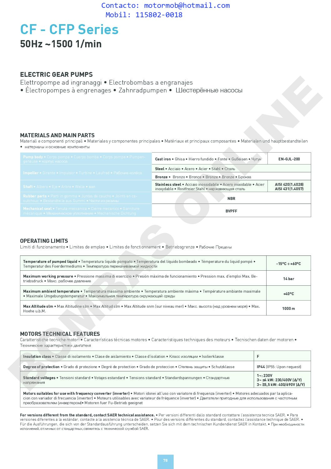 Bomba de Engranaje SAER CFP – 0,5 HP – Trifásica – SAE1001070 – PRECIO