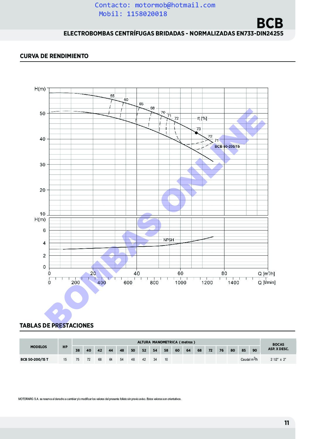 BOMBA MOTORARG CENTRÍFUGA MONOBLOCK NORMALIZADA EN 733 / DIN 24255 – BCB 32-200/5,5 T – 5.5 HP – TRIFÁSICA – PRECIO
