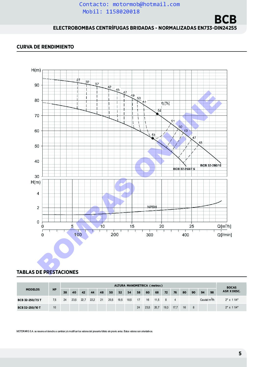 BOMBA MOTORARG CENTRÍFUGA MONOBLOCK NORMALIZADA EN 733 / DIN 24255 – BCB 32-200/5,5 T – 5.5 HP – TRIFÁSICA – PRECIO