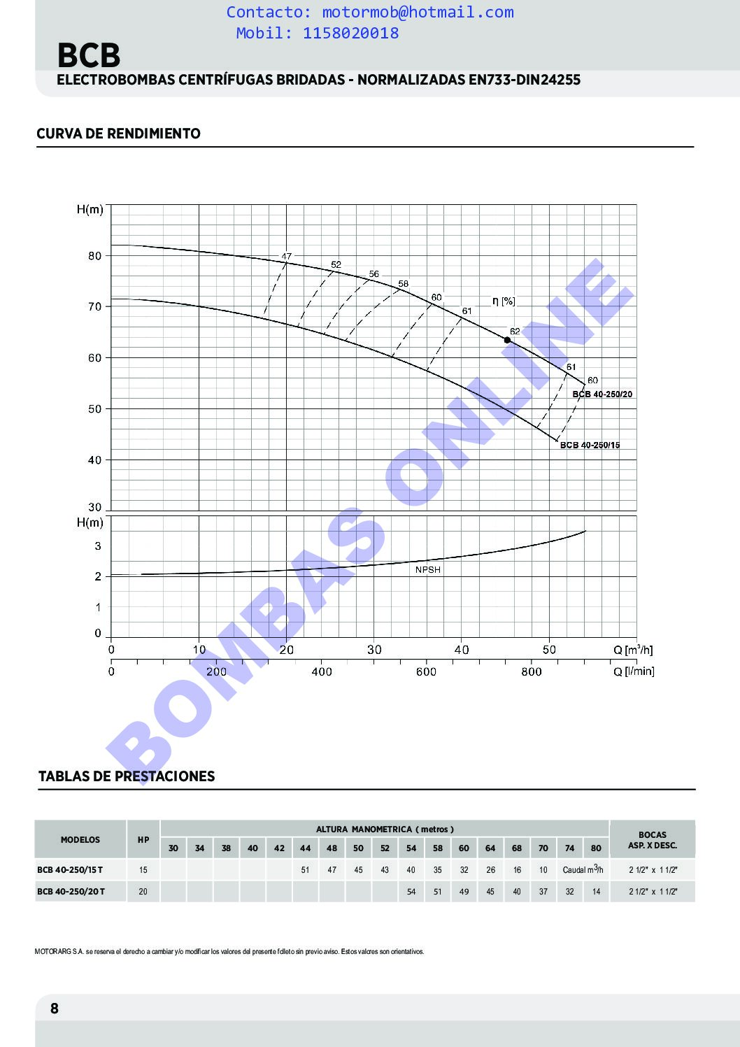 BOMBA MOTORARG CENTRÍFUGA MONOBLOCK NORMALIZADA EN 733 / DIN 24255 – BCB 32-200/5,5 T – 5.5 HP – TRIFÁSICA – PRECIO