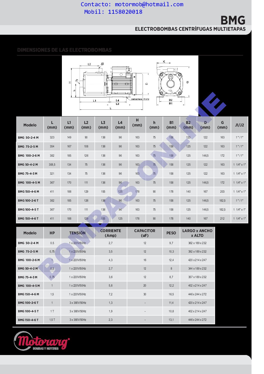 BOMBA MOTORARG CENTRÍFUGA MULTIETAPA BMG 100-4-5 M – 1 HP – MONOFÁSICA – PRECIO
