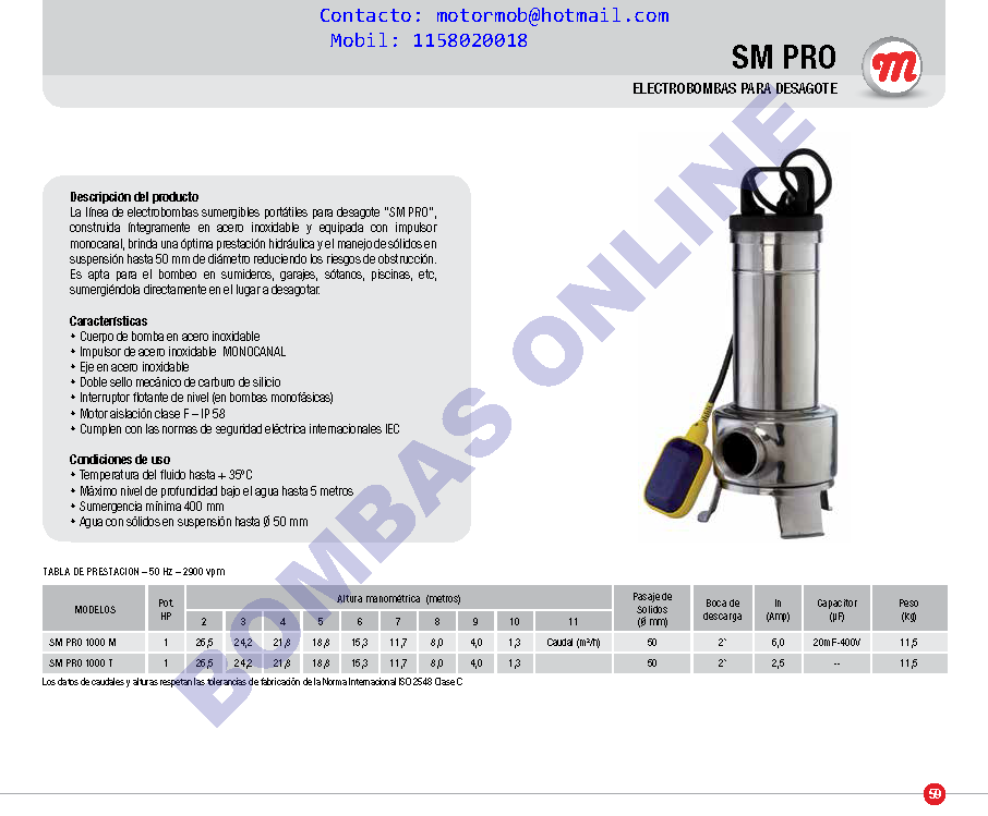 BOMBA MOTORARG DESAGOTE AGUAS CARGADAS SM PRO 1000 M – 1 HP – MONOFÁSICA – PRECIO