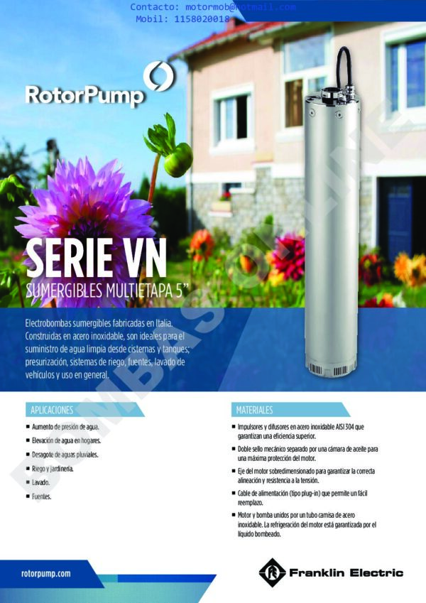 BOMBA SUMERGIBLE MULTIETAPA 5″ ROTOR PUMP VN 3/10 M (Monofásica) – 2 HP – PRECIO