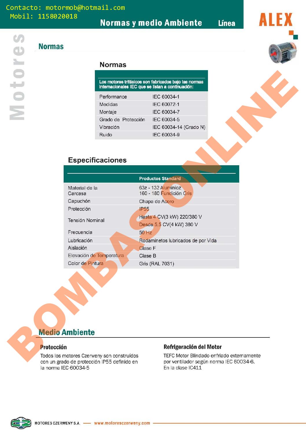 MOTOR TRIFASICO CZERWENY ALEX A90S 6A – 1000 RPM (6 POLOS) – 1 HP – PRECIO