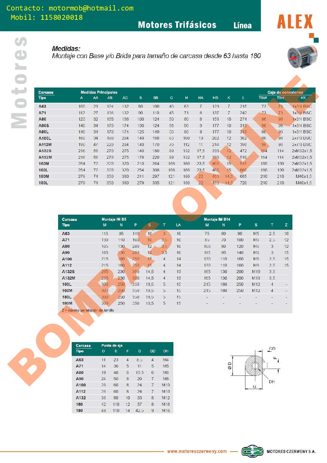 MOTOR TRIFASICO CZERWENY ALEX A90S 6A – 1000 RPM (6 POLOS) – 1 HP – PRECIO