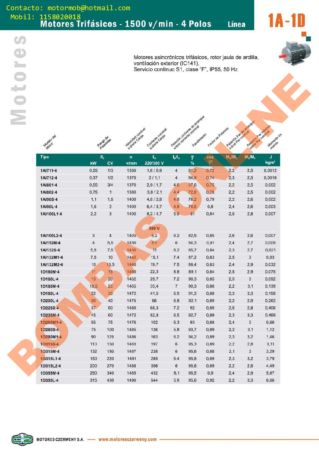 MOTOR TRIFASICO CZERWENY 50 HP 3000 RPM 1D 200L2-2 – EFICIENCIA IE2 – PRECIO