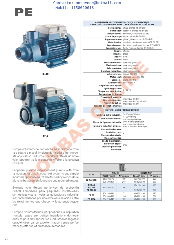 Bomba Periférica FORAS PE 100 T – 1 HP – Trifásica – Precio